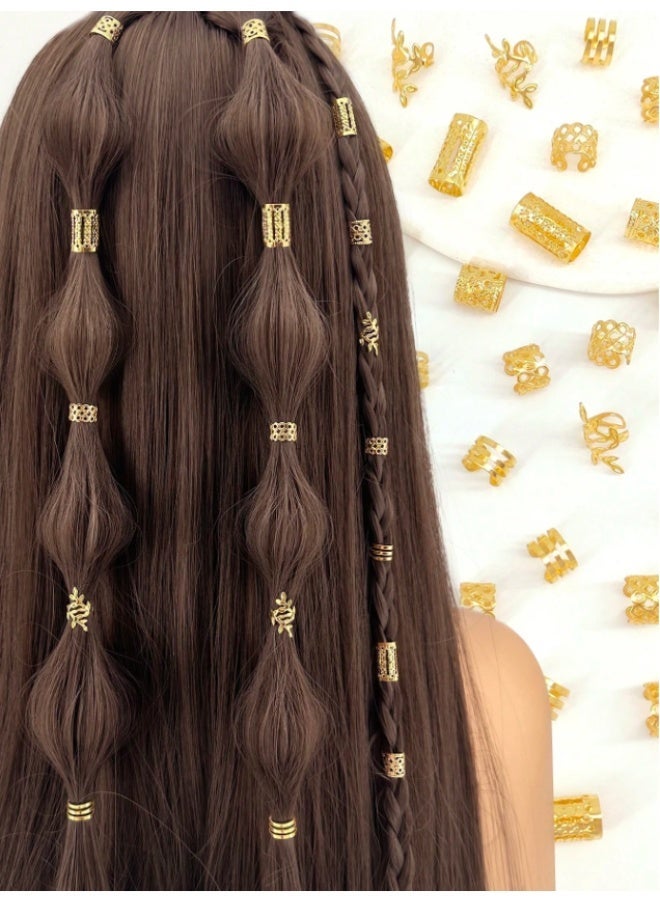Luxury Gold Metal Hair Cuffs and Filigree Rings Set for Braids, Dreadlocks, and Bubble Ponytails, Bohemian Decorative Hair Jewelry Accessories for Women and Girls - Image 1
