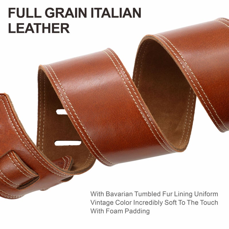Nefelibata Guitar Strap, 2.5" Full Grain Leather Guitar Straps with Foam Padding and Cable Storage Loop, for Men and Women, for Acoustic, Bass and Electric Guitars-Reddish Brown - Image 2