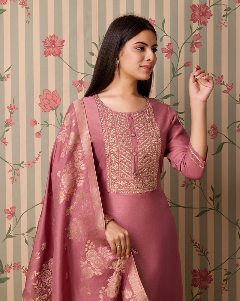 Kaari Women's Embroidered Kurti Set with Dupatta | Ethnic Suits with Embellished Dupatta | Everyday and Festive Kurti Set for Women|Peach|L - Image 3