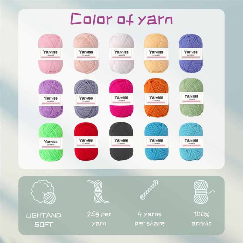 Yarniss طقم كروشيه يارنس مع خيوط، 1120 ياردة من خيوط الكروشيه الناعمة، 12 حجم من إبر الكروشيه المريحة مع حقيبة كروشيه محمولة، أسود - Image 3