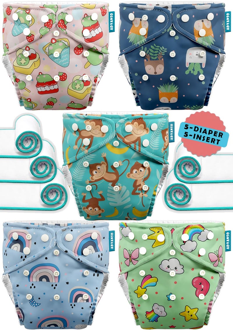 Advanso Leakage Proof cloth diapers for babies, high absorbent 5 reusable diaper 5 insert pad combo pack washable cloth diaper free size 5-18kg adjustable pocket cover 45 - Image 1