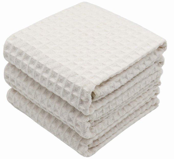 WAFFLE WEAVE KITCHEN DRYING TOWELS THICK MICROFIBER ABSORBENT LINT FREE 16INCH X 24INCH 3 PACK BEIGE