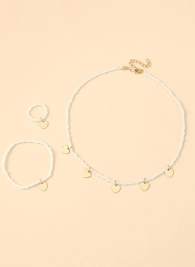 Girls Gold Tone Heart Charm Beaded Necklace, Bracelet and Ring Set