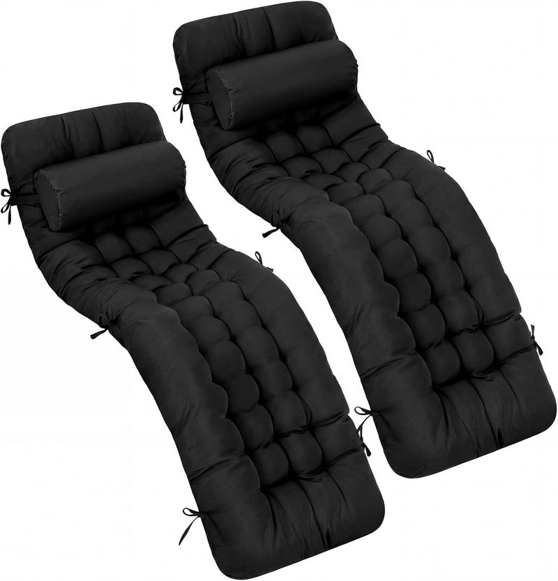 Tudomro 2 Pcs Black 66'' Outdoor Chaise Lounge Cushion Waterproof Patio Lawn Pool Chaise Lounge Cushion with Headrest Pillow & Ties Weather Fade Resistant Replacement Longue Chair Pad - Image 1