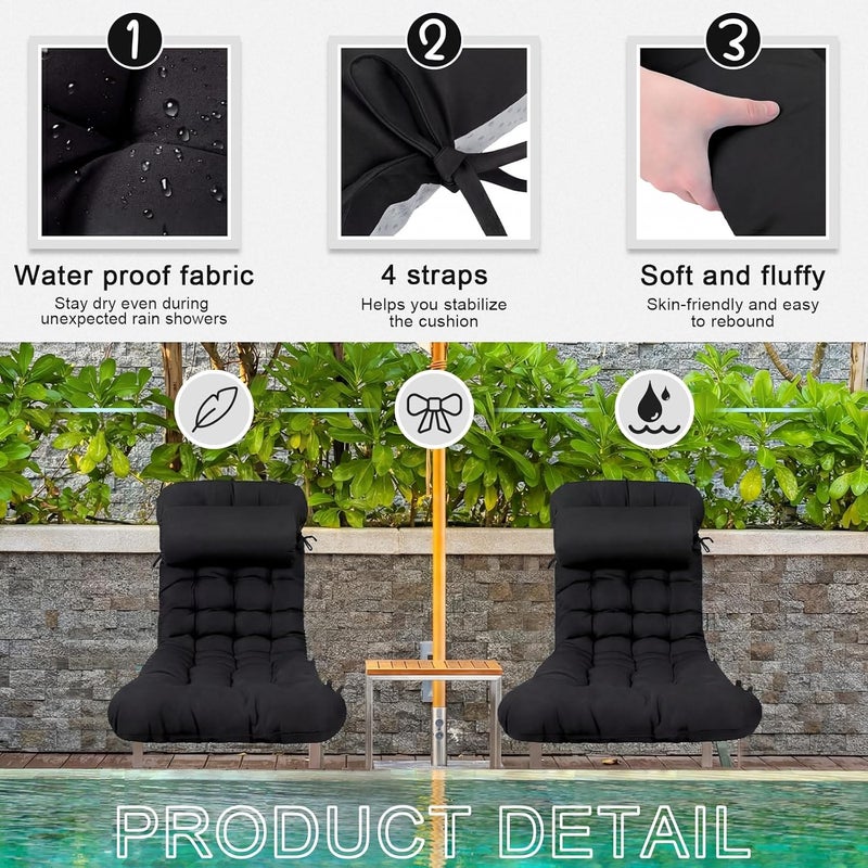 Tudomro 2 Pcs Black 66'' Outdoor Chaise Lounge Cushion Waterproof Patio Lawn Pool Chaise Lounge Cushion with Headrest Pillow & Ties Weather Fade Resistant Replacement Longue Chair Pad - Image 3