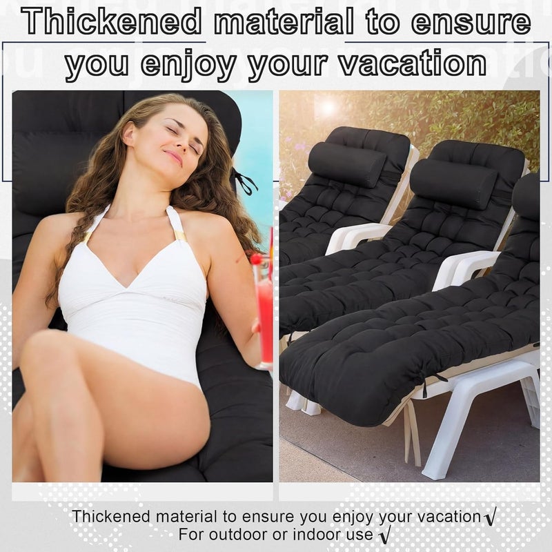 Tudomro 2 Pcs Black 66'' Outdoor Chaise Lounge Cushion Waterproof Patio Lawn Pool Chaise Lounge Cushion with Headrest Pillow & Ties Weather Fade Resistant Replacement Longue Chair Pad - Image 5