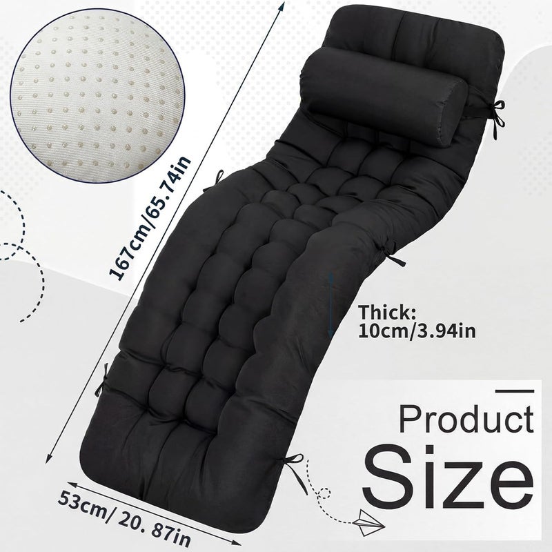 Tudomro 2 Pcs Black 66'' Outdoor Chaise Lounge Cushion Waterproof Patio Lawn Pool Chaise Lounge Cushion with Headrest Pillow & Ties Weather Fade Resistant Replacement Longue Chair Pad - Image 2