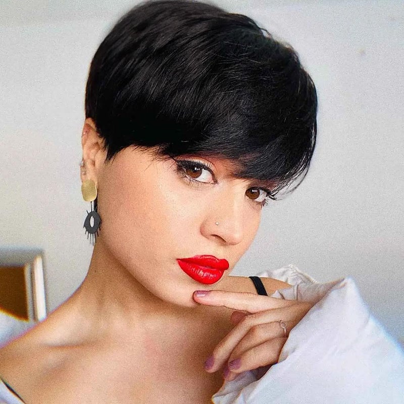 Creamily Short Black Pixie Cut Wigs for Black Women Human Hair Wig with Bangs Layered Wavy Hair Wig for Women Daily Wear Natural Black Hair Replacement Wigs