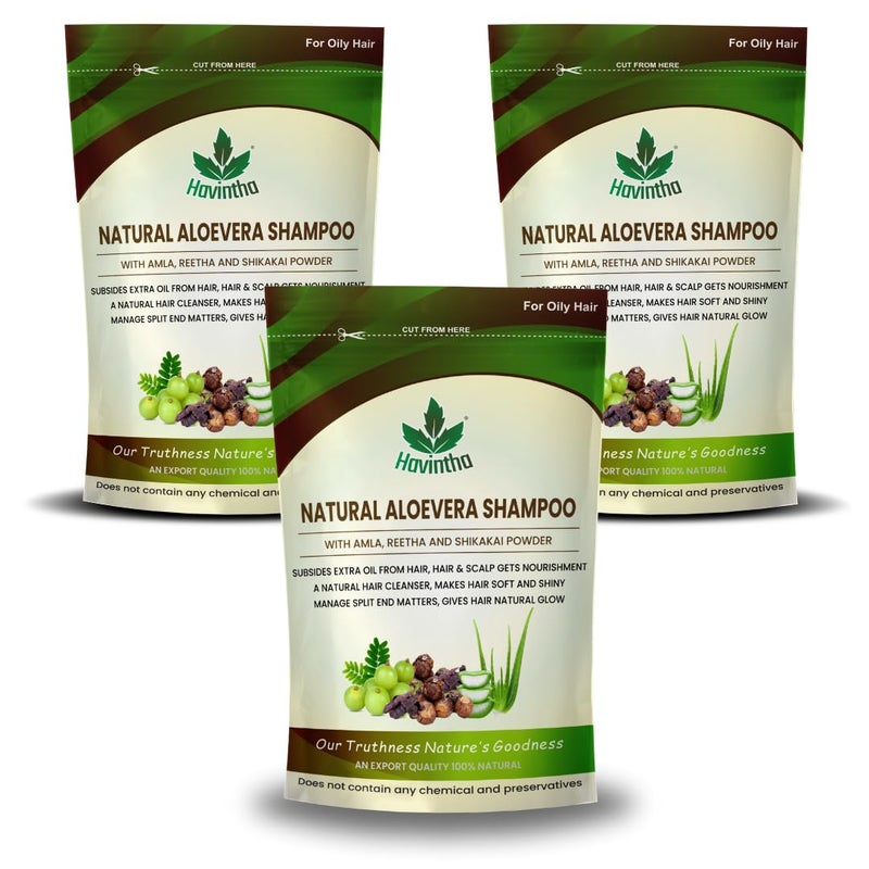 Havintha Natural Hair Shampoo with Herbal Amla Reetha Shikakai and Aloe vera Powder For Men Women For Oily Hair Paraben and Sulphate Free Shampoo Each 227gm Total 681g - Image 1