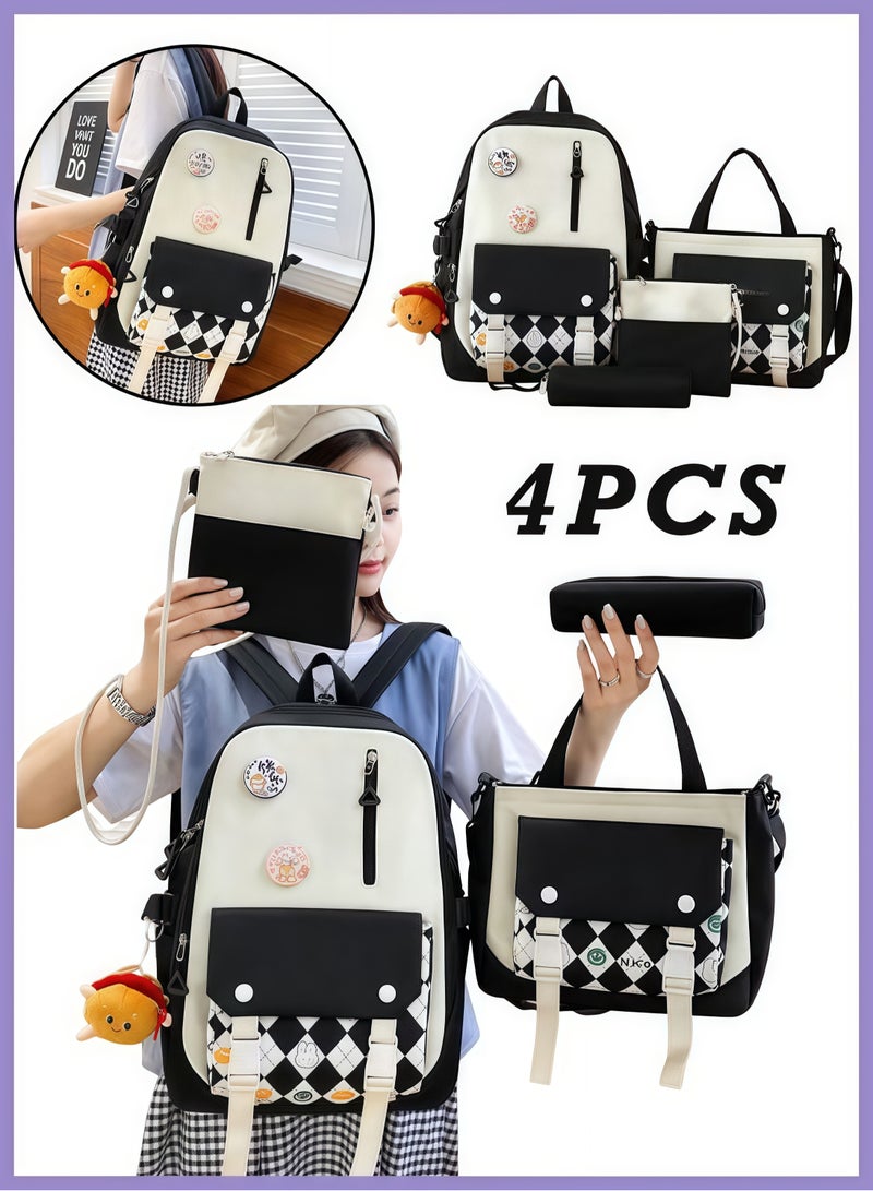 4Pcs School Backpack, School Bags Set Backpacks with Pendant Lunch Bag, Pencil Case, Handbag for Teen Girls School Backpack Canvas Bag Adult Backpack Set (Black)  - Image 1