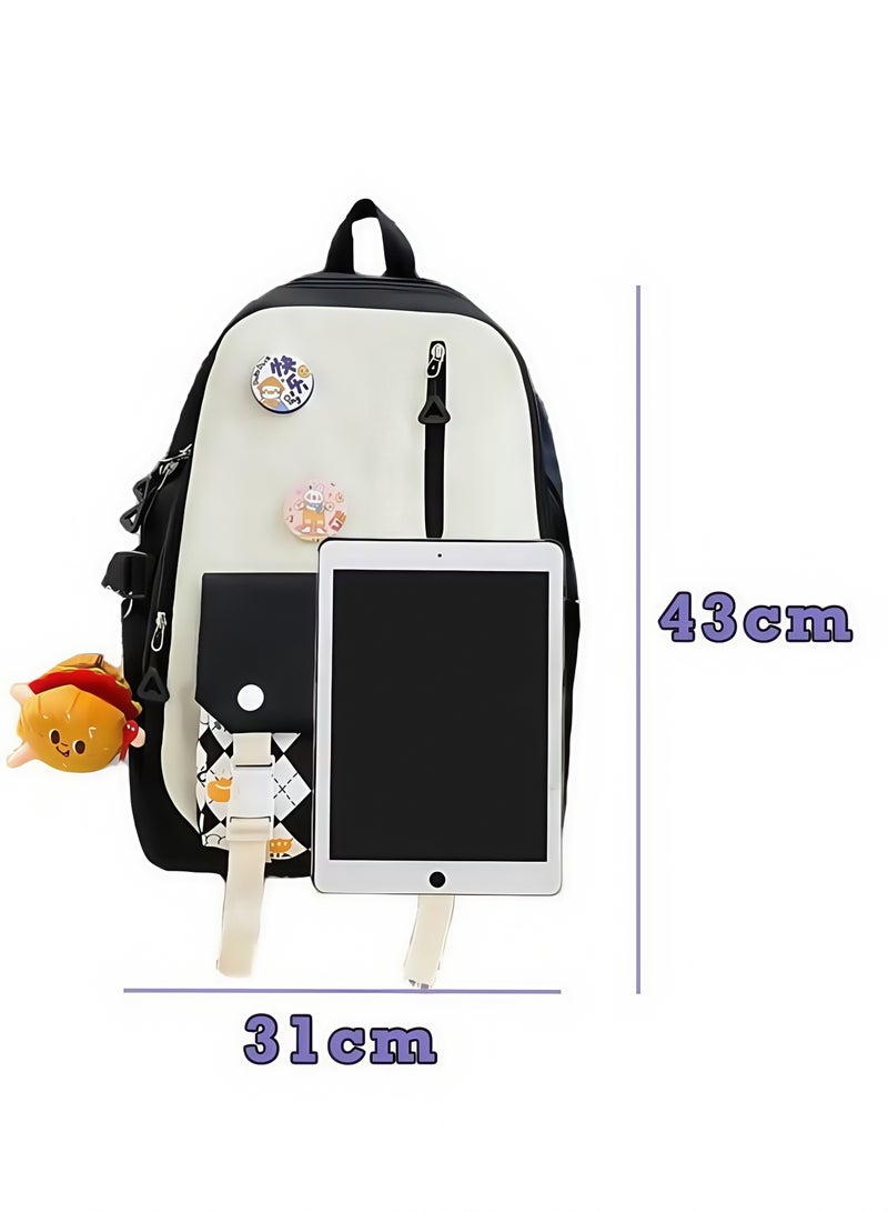 4Pcs School Backpack, School Bags Set Backpacks with Pendant Lunch Bag, Pencil Case, Handbag for Teen Girls School Backpack Canvas Bag Adult Backpack Set (Black)  - Image 2