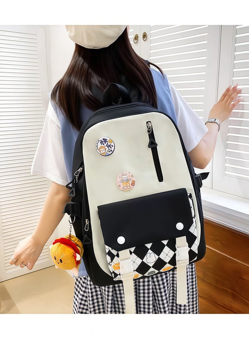 4Pcs School Backpack, School Bags Set Backpacks with Pendant Lunch Bag, Pencil Case, Handbag for Teen Girls School Backpack Canvas Bag Adult Backpack Set (Black)  - Image 3