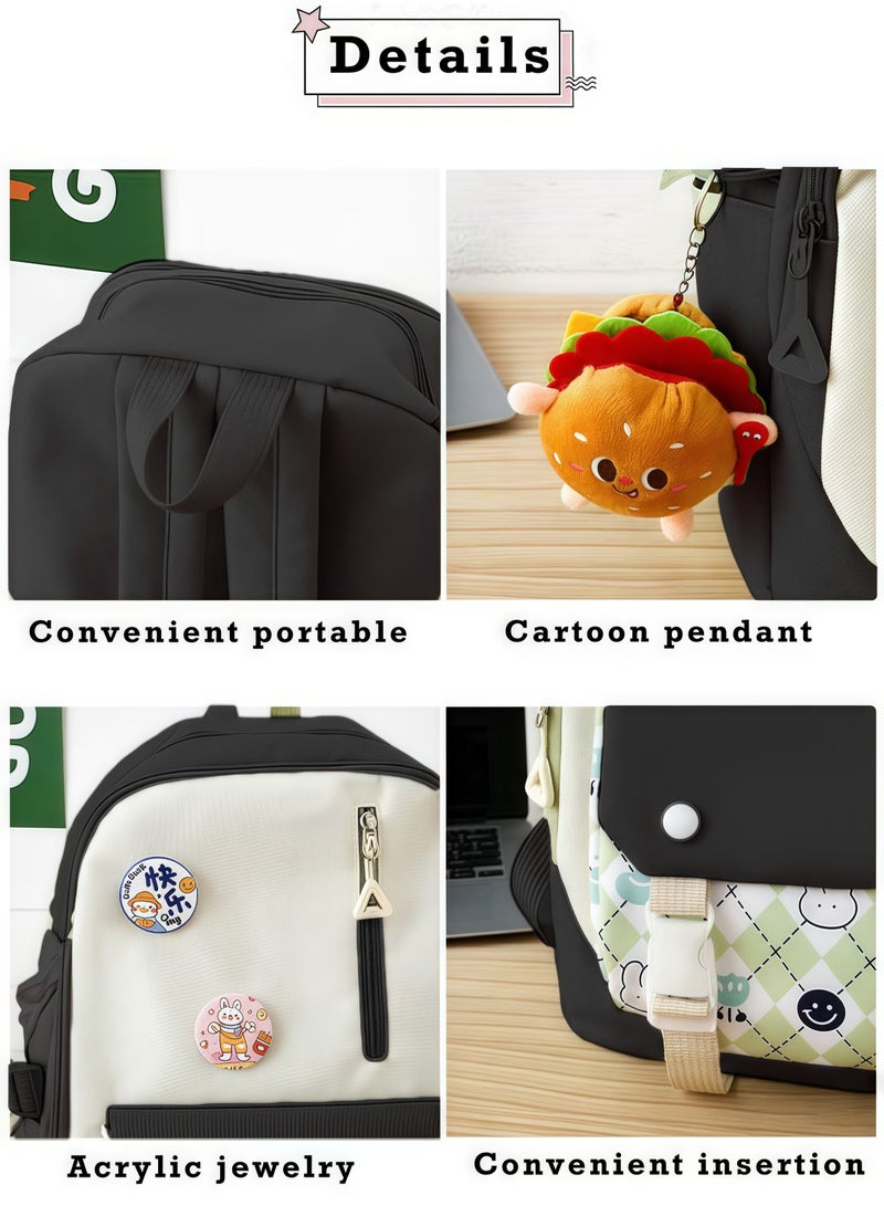 4Pcs School Backpack, School Bags Set Backpacks with Pendant Lunch Bag, Pencil Case, Handbag for Teen Girls School Backpack Canvas Bag Adult Backpack Set (Black)  - Image 4