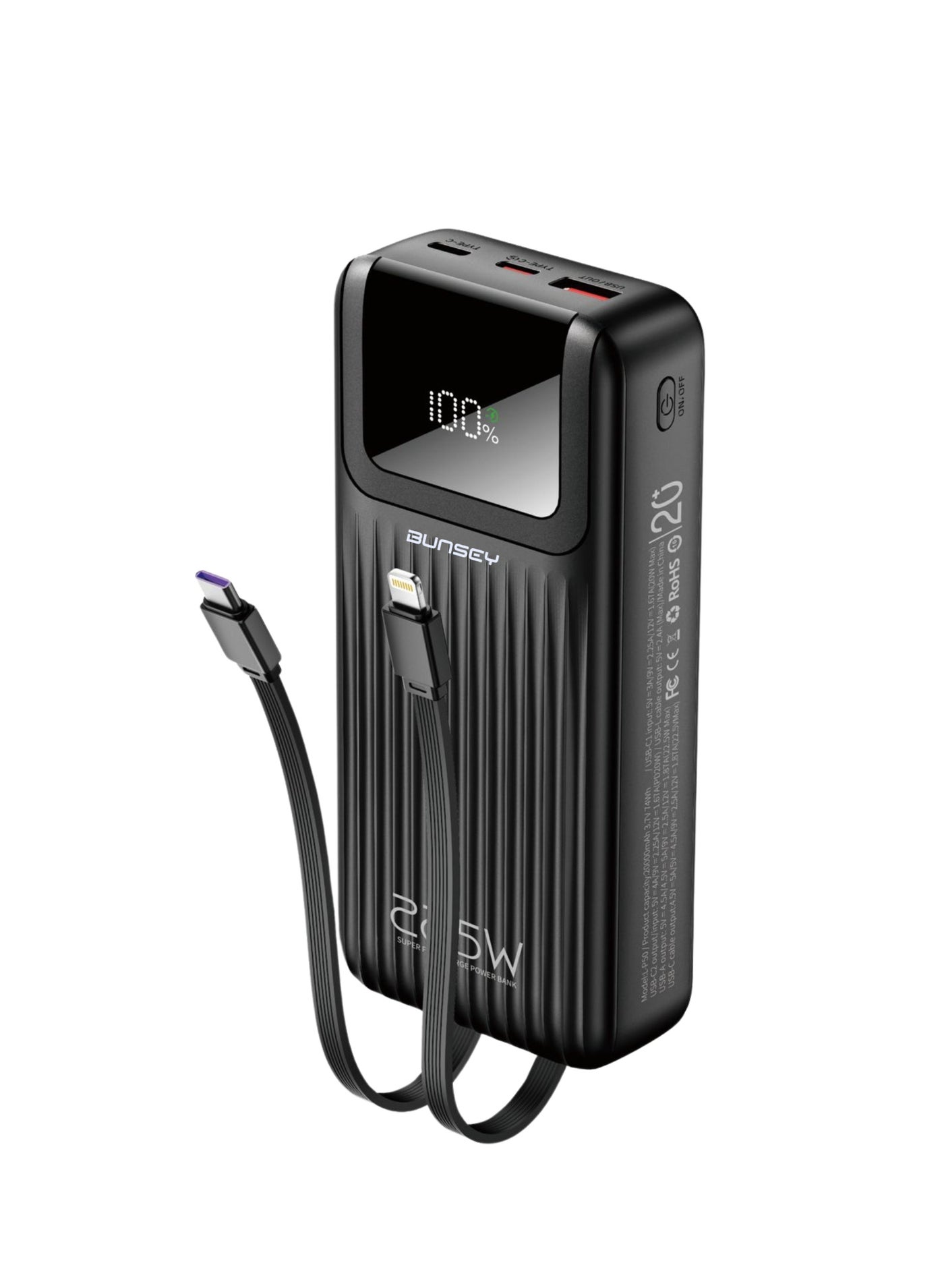 Bunsey Powerbank 20000mAh 22.5W Fast Charging with Built-in Type-C & Lightning Cables, LCD Battery Status Display, Power On Button, 1 USB Port + 2 PD Ports (2 Outputs, 1 Input) – Compatible with iPhone 15/14/13/12, Samsung S24/S23/S22, Xiaomi, Oppo, Vivo, Huawei – BP11 – Black