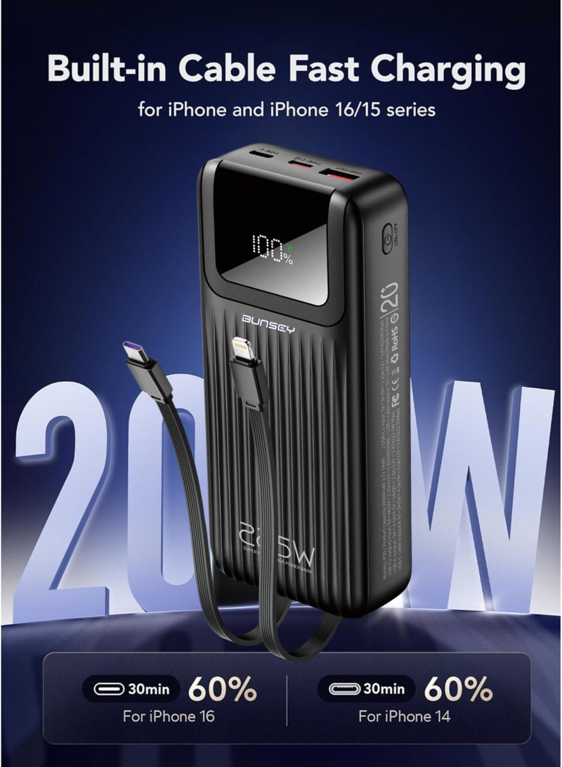 بونسي باور بانك من بنزي، 20000 مللي أمبير/ساعة، شحن سريع، 22.5 واط، كابلات Type-C وLightning مدمجة، شاشة LCD لحالة البطارية، زر تشغيل، منفذ USB واحد + منفذي PD (مخرجان، مدخل واحد) - متوافق مع iPhone 15/14/13/12، Samsung S24/S23/S22، Xiaomi، Oppo، Vivo، Huawei - BP11 - أسود - Image 2