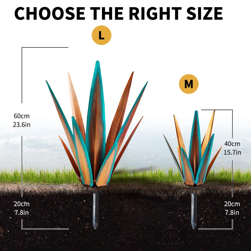KODIBO Large Tequila Rustic Sculpture, Agave Plants for Outdoor Patio, Home Decor Hand Painted Metal Garden Statue, Lawn Ornaments Yard Stakes (Blue - L) - Image 2