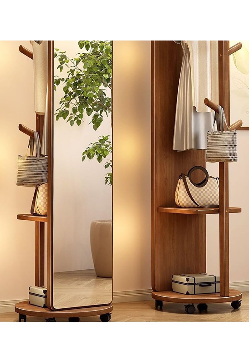 Full Length Mirror with Wheels, Swivel Solid Wood Frame Bedroom Floor Mirror, 67"X16" Full Body Mirror,Brown,67 x 16