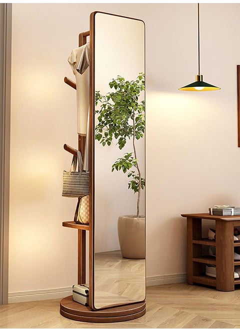 Full Length Mirror with Wheels, Swivel Solid Wood Frame Bedroom Floor Mirror, 67"X16" Full Body Mirror,Brown,67 x 16