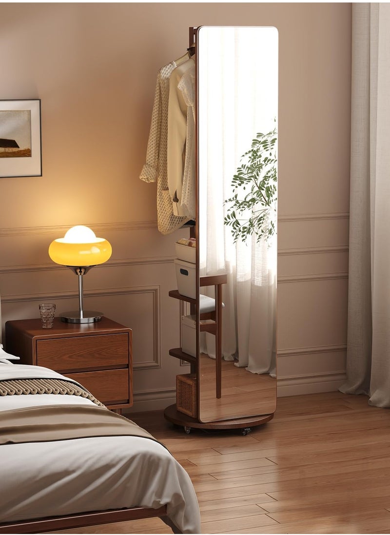 Full Length Mirror with Wheels, Swivel Solid Wood Frame Bedroom Floor Mirror, 67"X16" Full Body Mirror,Brown,67 x 16