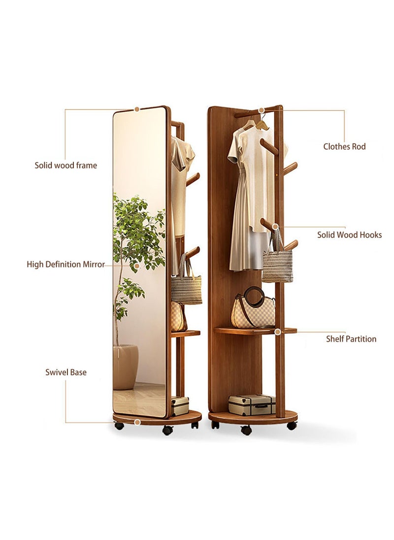 Full Length Mirror with Wheels, Swivel Solid Wood Frame Bedroom Floor Mirror, 67"X16" Full Body Mirror,Brown,67 x 16