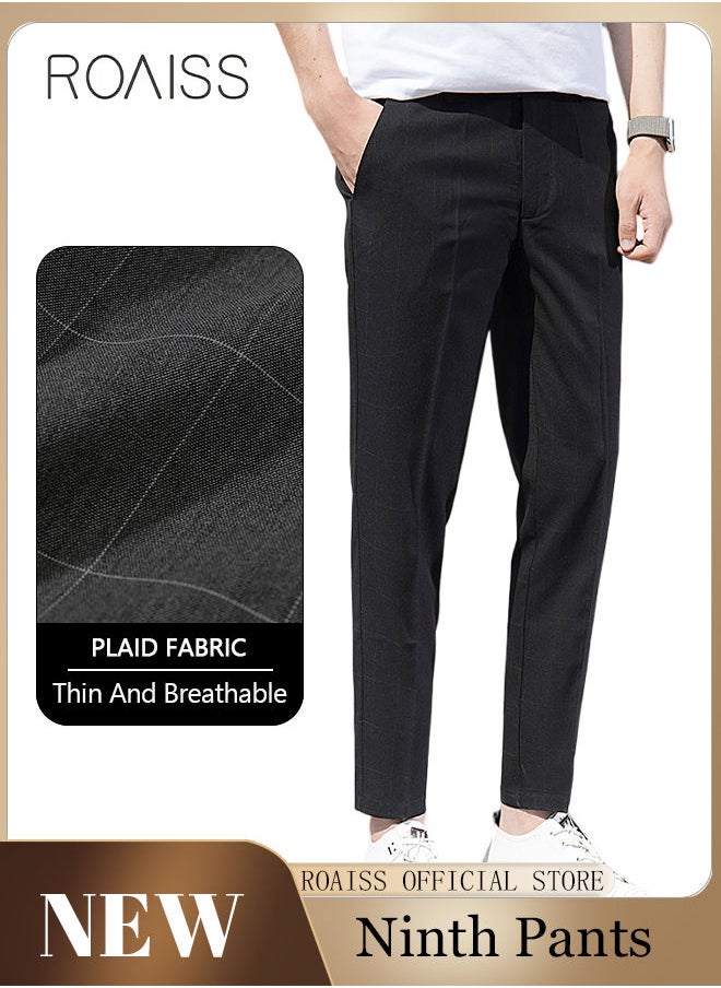 roaiss - Young Men's Suit Pants Straight Fit British Plaid Thin Section Business Casual Pants Cropped Pants - Image 1