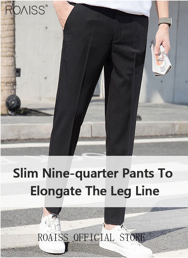 roaiss - Young Men's Suit Pants Straight Fit British Plaid Thin Section Business Casual Pants Cropped Pants - Image 1