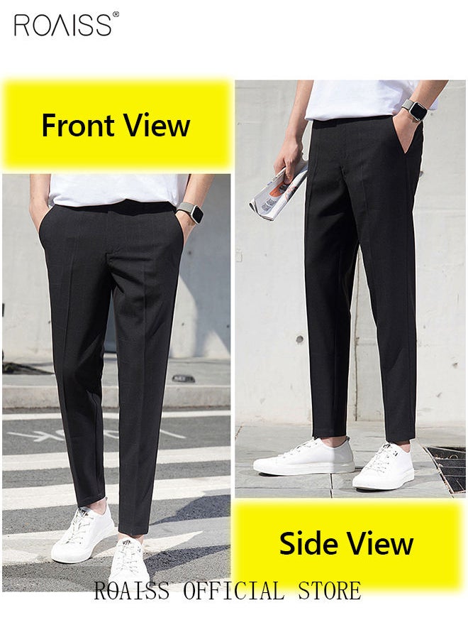 roaiss - Young Men's Suit Pants Straight Fit British Plaid Thin Section Business Casual Pants Cropped Pants - Image 1