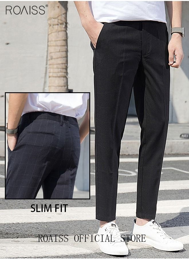 roaiss - Young Men's Suit Pants Straight Fit British Plaid Thin Section Business Casual Pants Cropped Pants - Image 1