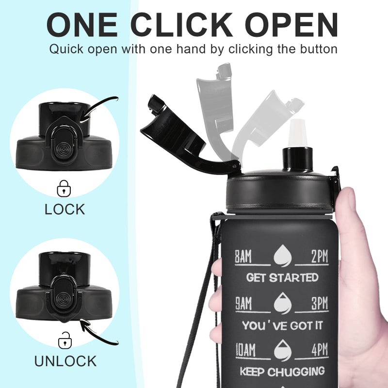 Enerbone زجاجة ماء إينر بون 32 أونصة، مضادة للتسرب وخالية من BPA والسموم، زجاجة ماء تحفيزية مع أوقات للشرب وقشة، زجاجة ماء رياضية للياقة البدنية مع حزام للمكتب، الصالة الرياضية، والرياضات الخارجية، باللون الأسود غير اللامع - Image 4