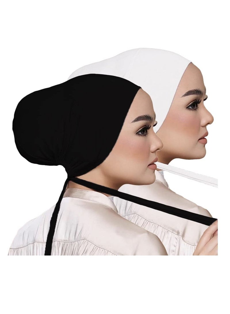 SYOSI 2 Packs Women Under Scarf Hat Hijab Cap Under Scarf Cap with Tie-Back Closure Black and White - Image 1