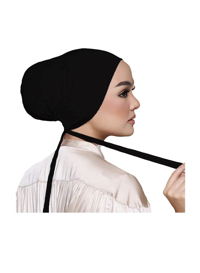 SYOSI 2 Packs Women Under Scarf Hat Hijab Cap Under Scarf Cap with Tie-Back Closure Black and White - Image 4