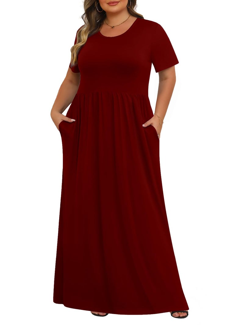 Tencede Womens Plus Size Maxi Dresses Summer 2026 Casual Short Sleeve with Pockets Long Dress Wine Red 3X - Image 1