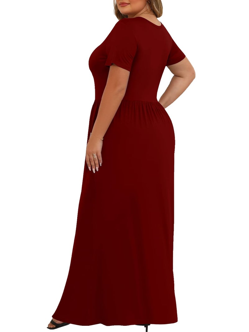 Tencede Womens Plus Size Maxi Dresses Summer 2026 Casual Short Sleeve with Pockets Long Dress Wine Red 3X - Image 4