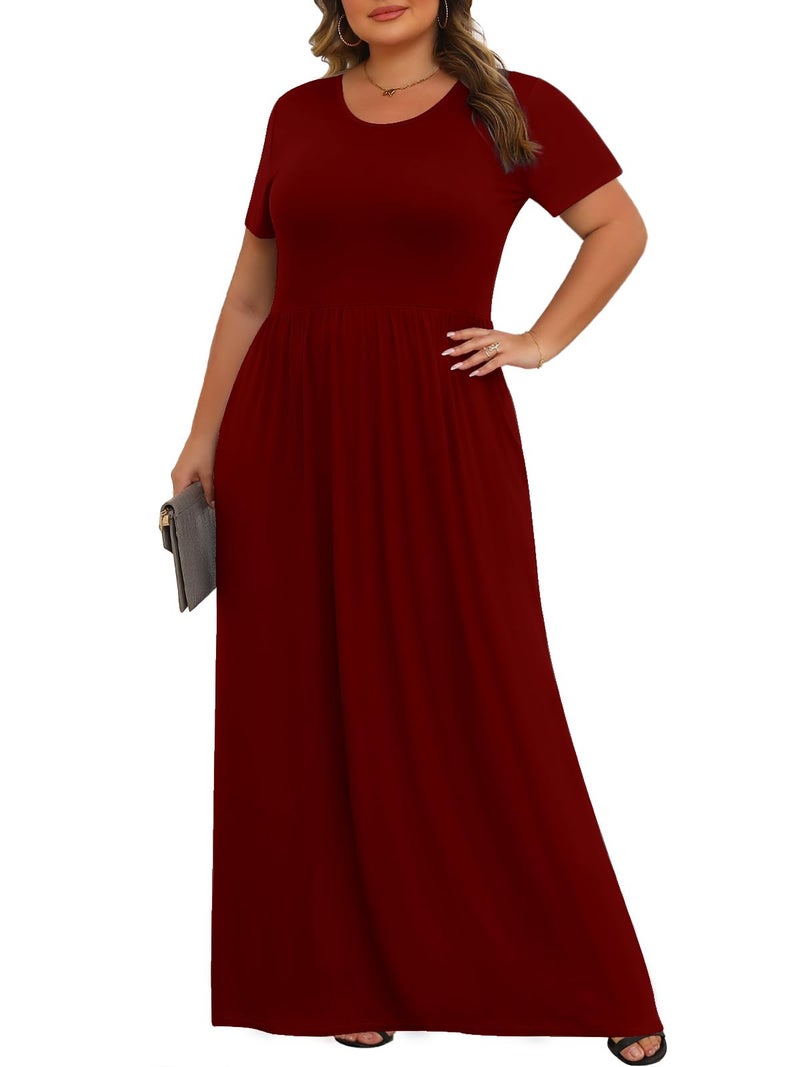Tencede Womens Plus Size Maxi Dresses Summer 2026 Casual Short Sleeve with Pockets Long Dress Wine Red 3X - Image 2