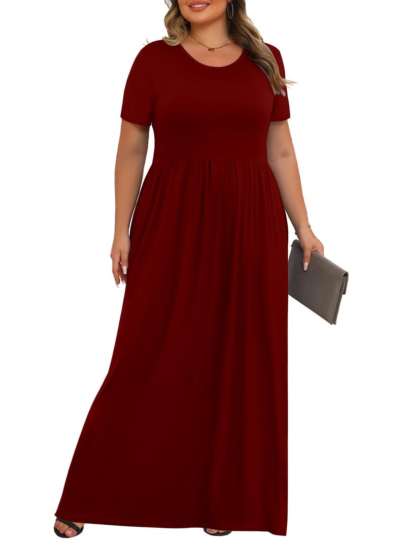 Tencede Womens Plus Size Maxi Dresses Summer 2026 Casual Short Sleeve with Pockets Long Dress Wine Red 3X - Image 3