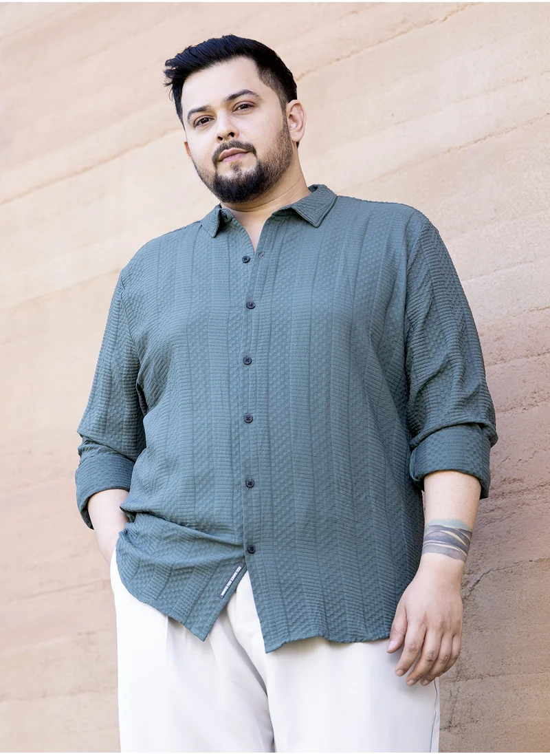 انستافاب بلس Instafab Plus Men's Pine Green Parallel-Check Tactile Shirt For Casual Wear | Spread Collar | Long Cuffed Sleeves | Button Closure | Plus Size Shirt Crafted With Comfort Fit For Everyday Wear