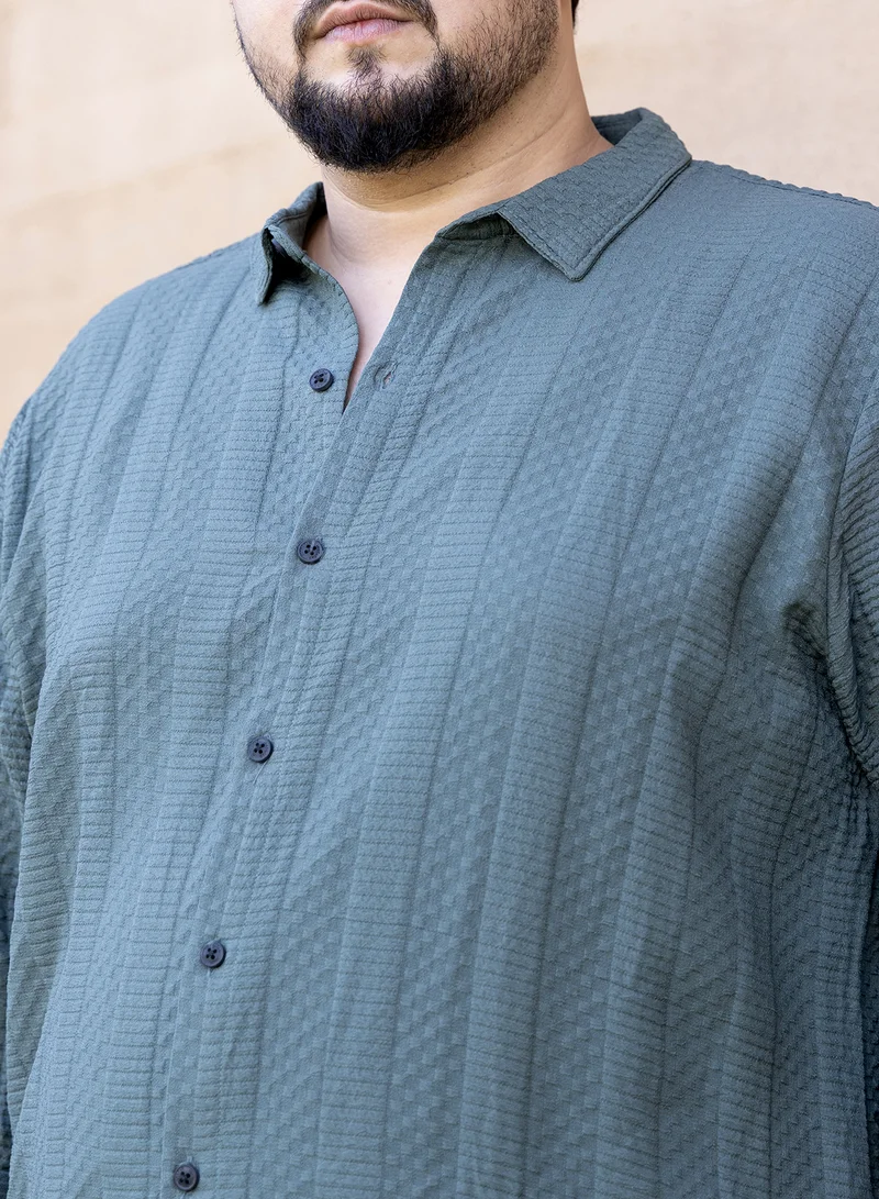 Instafab Plus Instafab Plus Men's Pine Green Parallel-Check Tactile Shirt For Casual Wear | Spread Collar | Long Cuffed Sleeves | Button Closure | Plus Size Shirt Crafted With Comfort Fit For Everyday Wear