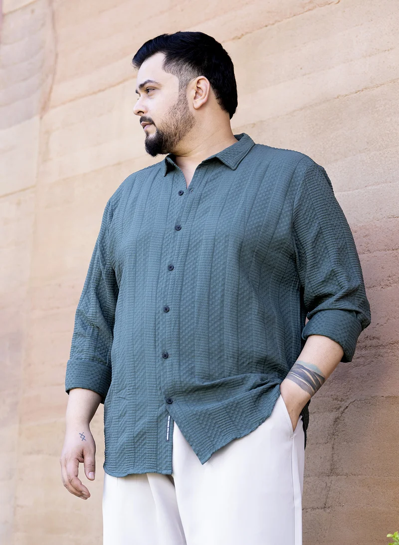 Instafab Plus Instafab Plus Men's Pine Green Parallel-Check Tactile Shirt For Casual Wear | Spread Collar | Long Cuffed Sleeves | Button Closure | Plus Size Shirt Crafted With Comfort Fit For Everyday Wear