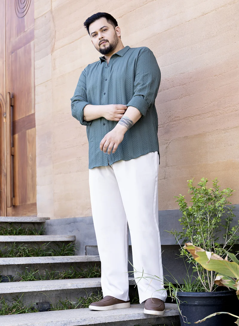 Instafab Plus Instafab Plus Men's Pine Green Parallel-Check Tactile Shirt For Casual Wear | Spread Collar | Long Cuffed Sleeves | Button Closure | Plus Size Shirt Crafted With Comfort Fit For Everyday Wear