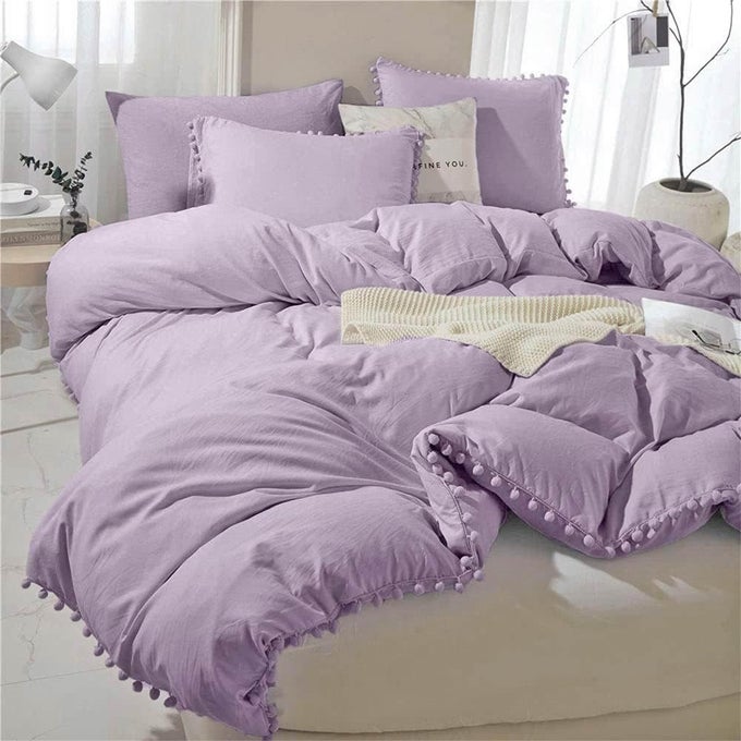 LAVENDER POM DUVET COVER FULL SIZE 3 PIECE BOHO BOHEMIAN FARMHOUSE MICROFIBER QUILT COVER SET SOFT AND LIGHTWEIGHT COMFORTER COVER SOLID LIGHT PURPLE POMPOM