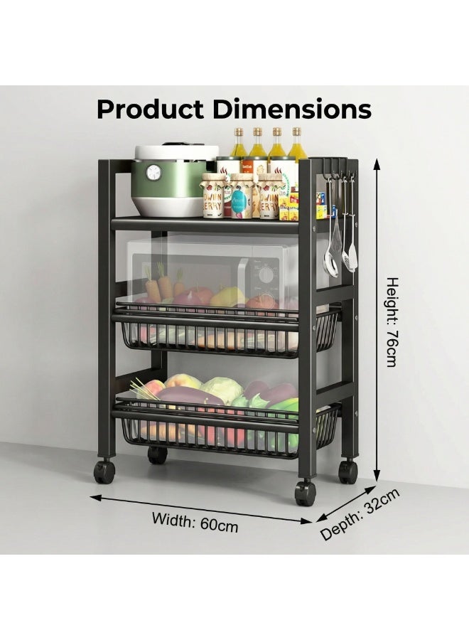 SALADAYS 3-Tier Metal Kitchen Storage Cart, Heavy-Duty Microwave Stand with Rolling Wheels & Fixed Feet, Multi-functional Mobile Utility Cart with Hanging Hooks - Image 2