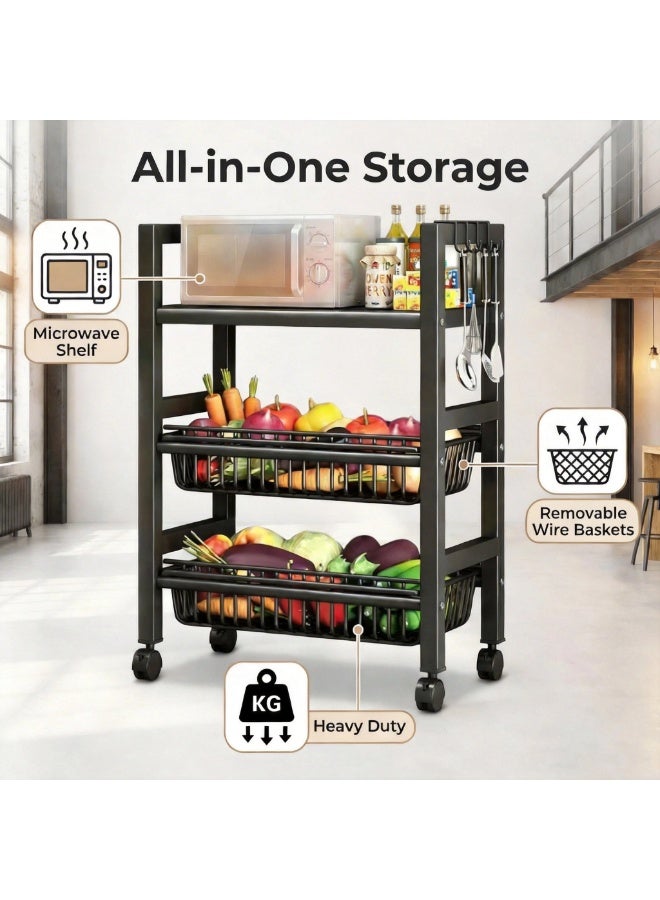 SALADAYS 3-Tier Metal Kitchen Storage Cart, Heavy-Duty Microwave Stand with Rolling Wheels & Fixed Feet, Multi-functional Mobile Utility Cart with Hanging Hooks - Image 3