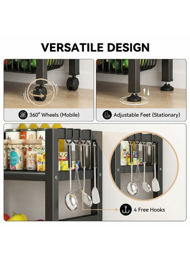 SALADAYS 3-Tier Metal Kitchen Storage Cart, Heavy-Duty Microwave Stand with Rolling Wheels & Fixed Feet, Multi-functional Mobile Utility Cart with Hanging Hooks - Image 4