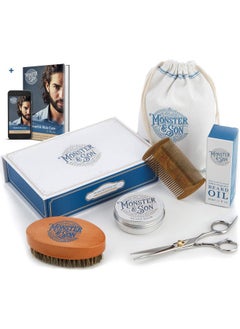 Monster&Son Premium 7-Item Organic Beard Kit - Beard Oil, Beard Balm, Beard Brush, Beard Comb, Scissors, Canvas Travel Bag - Male Grooming Kit In Gift Box - Great Mens Birthday Gift - Father'S Day  - Image 1