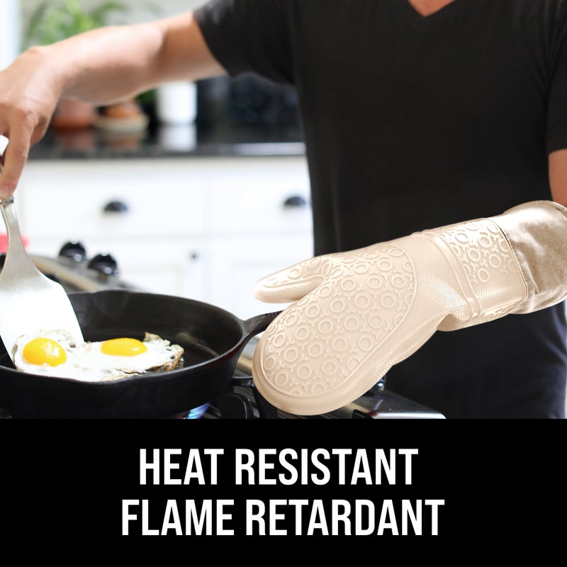 HOMWE BPA-Free Silicone Oven Mitts Ultra Heat Resistant up to 500Â°F - Oven Mitts with Thick Cotton Liner - Long Slip Resistant Pot Holders, Flexible Oven Gloves - Beige 14.7 - Image 3