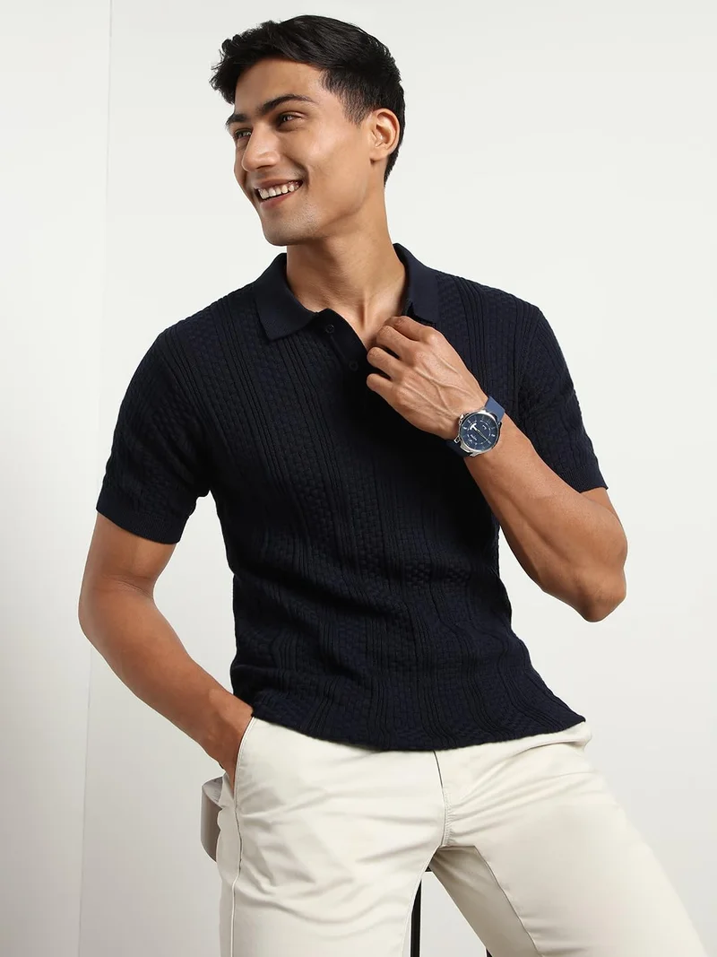 NOBERO Men's Navy Textured Polo Shirt