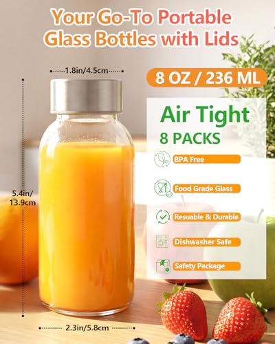 Zukro 8 oz Glass Water Bottles with Lids, Reusable Clear Juice Bottles With Stainless Steel Airtight Cap for Juicing, Ginger Shot, Milk, 250ml Leak Proof Small Smoothie Container, BPA Free, Set of 8 - Image 2