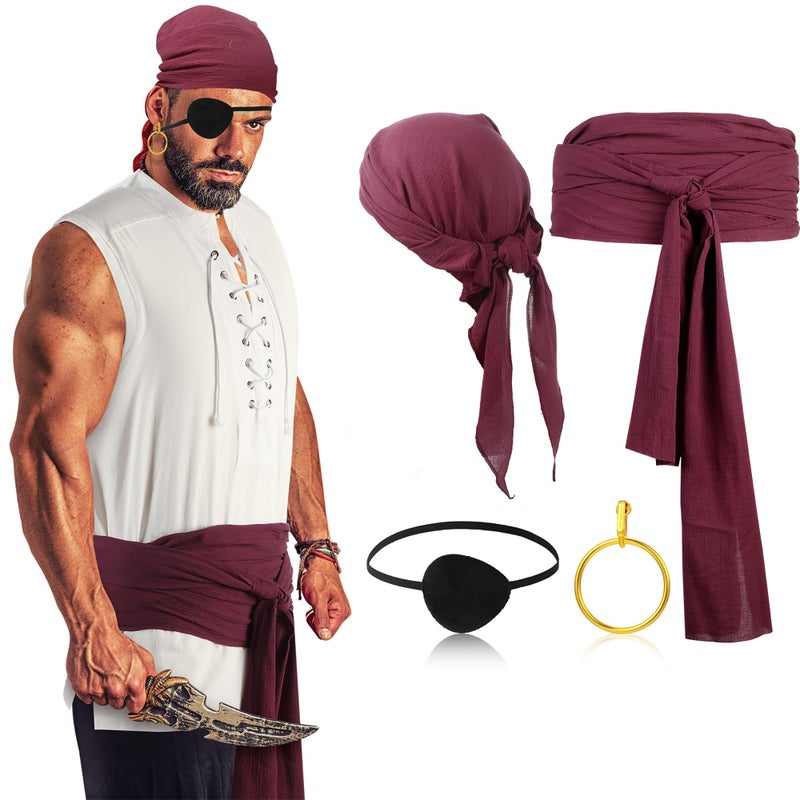 Boyiee 5 Pcs Men Pirate Costume Set for Women Adult Medieval Renaissance Shirt Bandana Sash Belt for Halloween Cosplay PartyWhiteLargeRetro