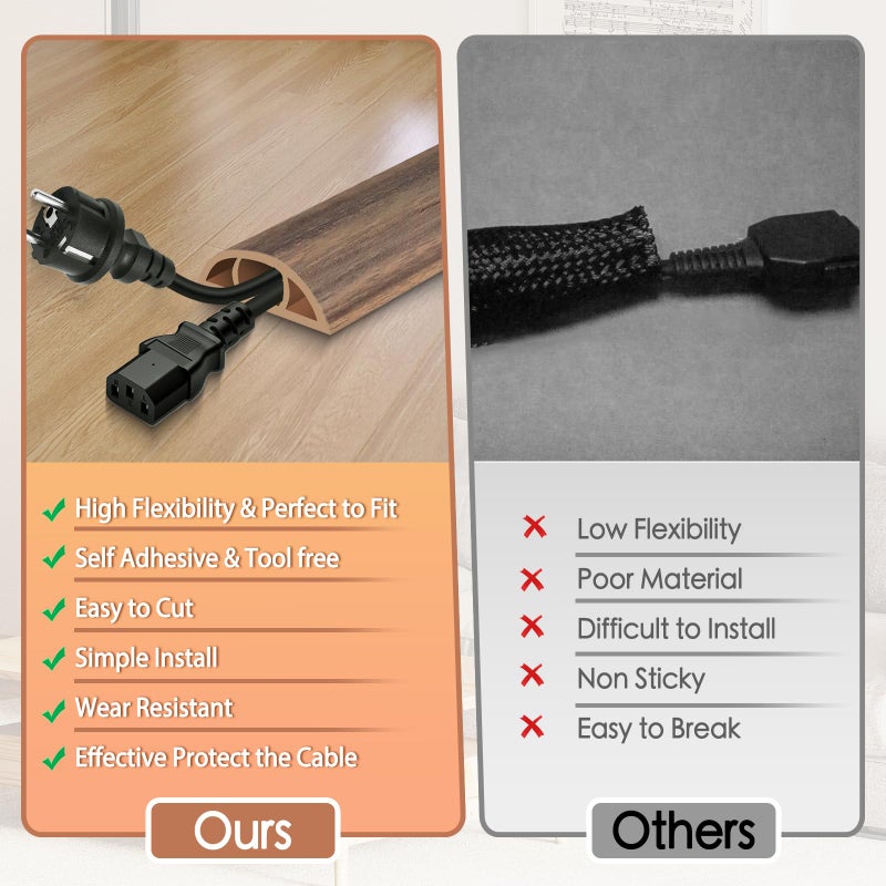 EYAYEN Floor Cord Cover for Wires on Floor Self Adhesive Cord Hider Floor Cable Management Wire Covers for Cords Protector Prevent Cable Trips Cord Cavity W 0.51" x H 0.31", Misty Brown Wood, 3.3Ft - Image 3