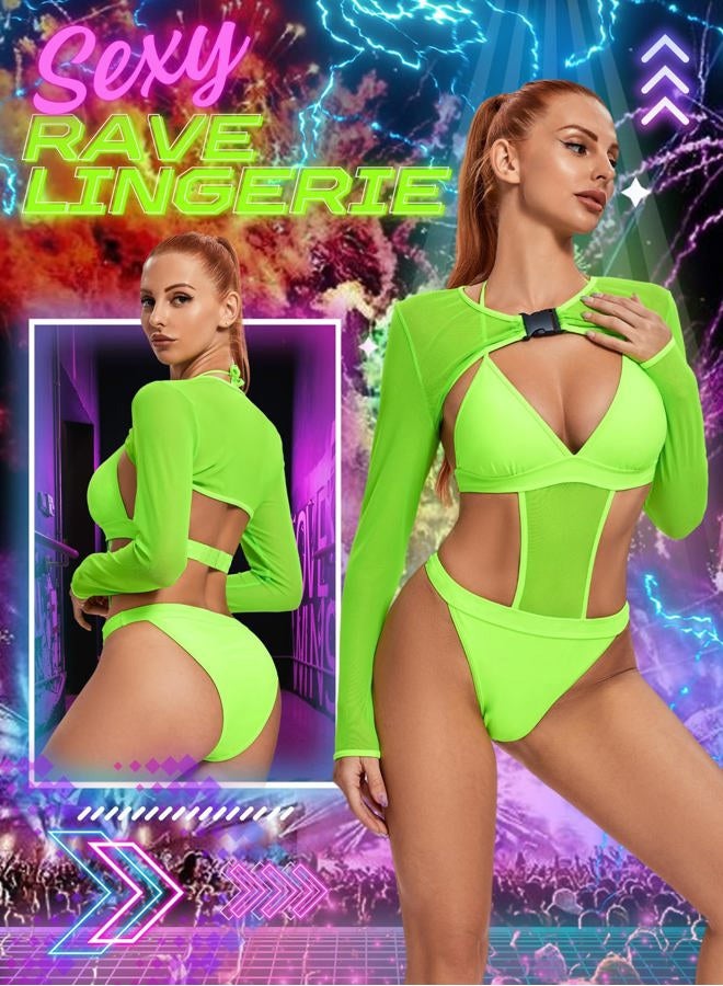 EVELUST أزياء الحفلات للنساء - بدلة سباحة نيون طويلة لمهرجان EDC مع توب قصير وشراشيب، أخضر، S - Image 2